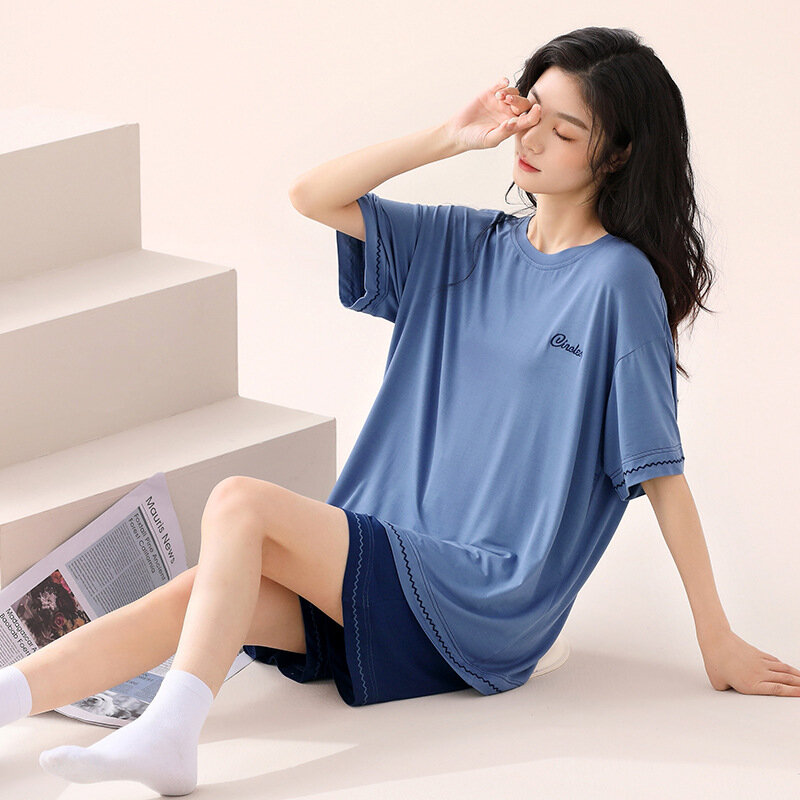 Modale Pyjama Voor Dames Pak Nieuwe Effen Kleur, Eenvoudige Korte Broek Tweedelige Huiskleding Loungewear Nachtkleding