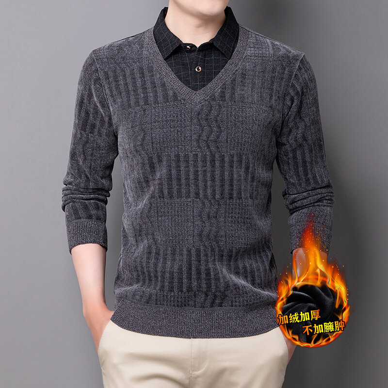 Утепленный жаккардовый бархатный свитер, Мужская футболка, Зимний вязаный теплый топ