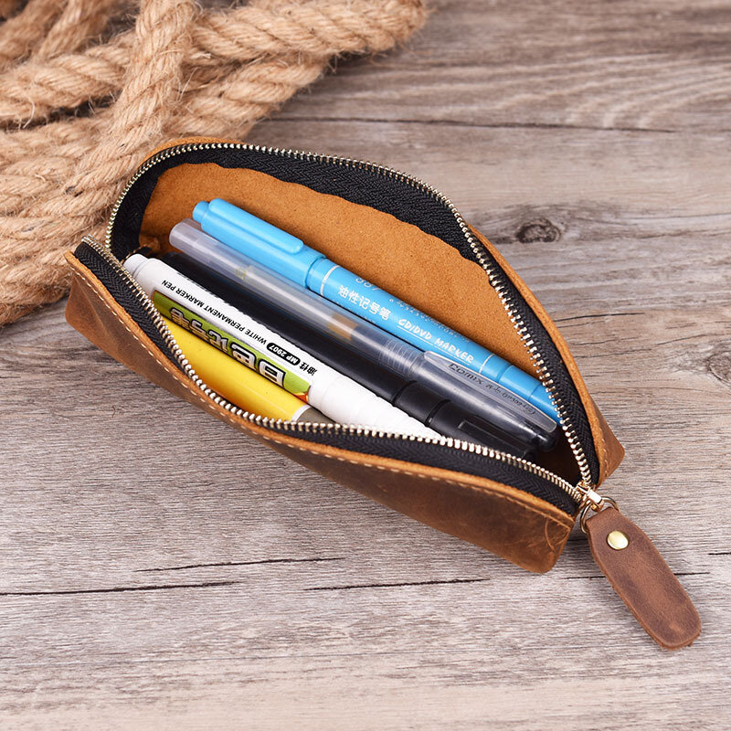 Bolsa de lápices de cuero genuino, soporte de papelería Simple Retro, estuche para bolígrafos hecho a mano, bolsa de almacenamiento con cremallera, suministros escolares