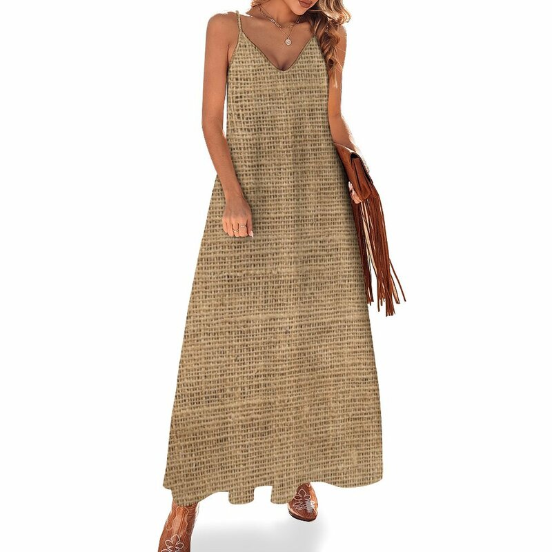 Vestido de noche de arpillera con textura de fibra para mujer, traje sin mangas con patrón de fondo, para verano, 2023