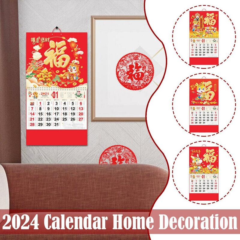 Calendário de Parede do Ano Novo Chinês, Decoração Tradicional com Dragon Fu, Monthly Vire a Página Decoração para Casa Com Dragon Year 2024