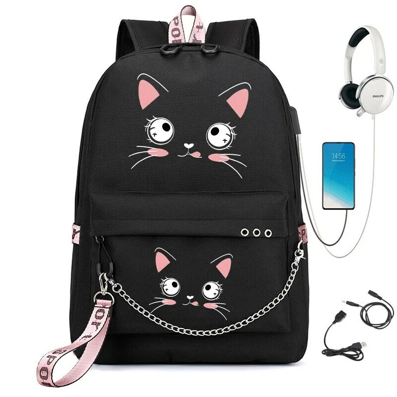 Милый женский рюкзак для ноутбука для мальчиков и девочек, школьный рюкзак для девочек-подростков с лицом кошки, милый студенческий рюкзак для книг в колледже