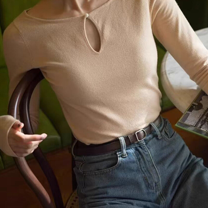 2024 여성 하이웨이스트 단색 셔츠, 쇄골 없는 긴팔 상의, 루즈핏 캐주얼 오피스 레이디, 한국 스타일, 여름 신상