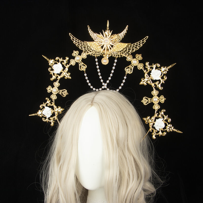 Acessórios para cabelo gótico lolita kc, halo gótico dourado, asas de anjo, deusa da virgem maria, corrente, acessórios para cabelo de noiva