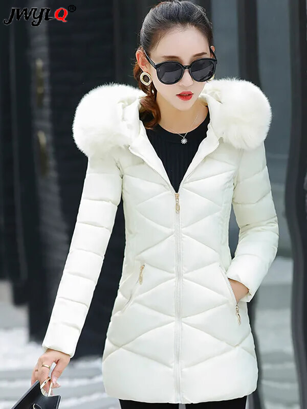 Парка со съемным меховым воротником и капюшоном, приталенные женские хлопковые куртки, новые зимние пальто на молнии в Корейском стиле, Теплая стеганая верхняя одежда средней длины