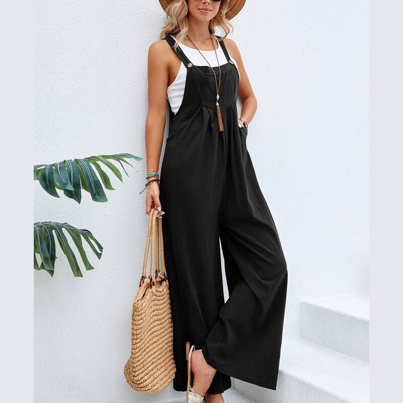 European Women's Clothing Jumpsuit Ins Solid Color Casual Suspenders Matching Color Suspension Pocket Overalls 2024 New Pants