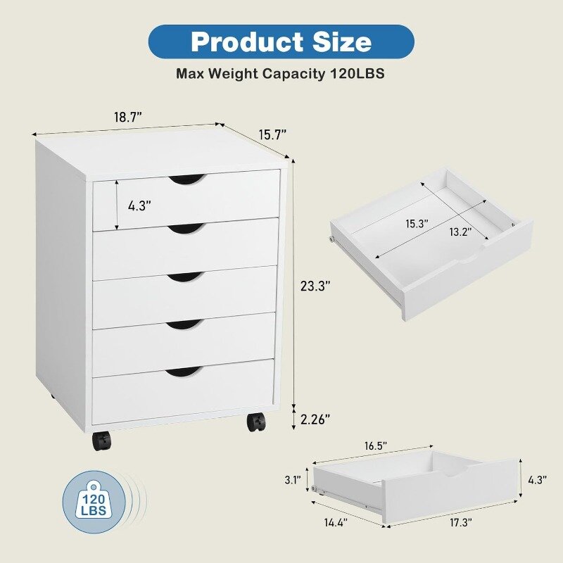 OLIXIS-خزانة ملفات خشبية للمنزل والمكتب ، تخزين متنقل محمول ، 5 أدراج ، أبيض ، 15.75 بوصة X 18.74 بوصة X 25.39 بوصة