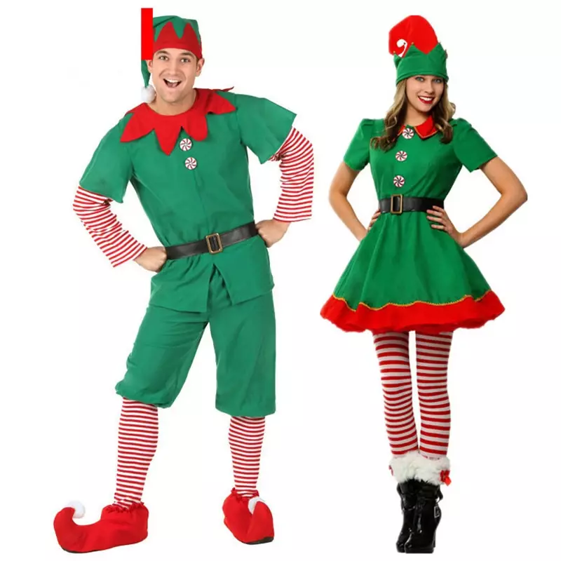 Men Women Girls Boys Christmas Santa Claus Costume Kids Adults Family Green Elf Cosplay Costumes Xmas Party Suit New Year Outfit