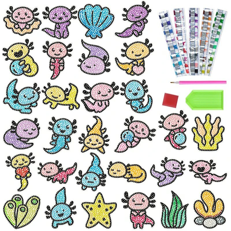 30 Stuks Axolotl Diamant Schilderij Sticker 5d Diy Creatieve Kunst Ambachtelijke Stickers Cartoon Mozaïek Kits Voor Kinderen Volwassen Klaslokaal Activiteit