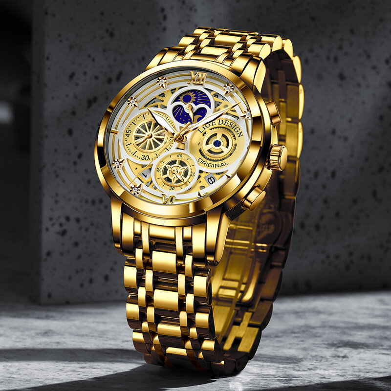 Big LIGE Men Watch Stainless Steel Top Quailty Luxury  Waterproof Luminous Chronograph  Date Sport Wrist Watches+Box
