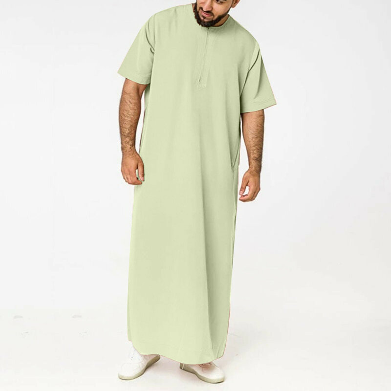 2024 Men's Muslim Jubba Thobe Solid Color Vintage Stand Collar Short Sleeve Robes Abaya Casual Male Islamic Arabic Kaftan