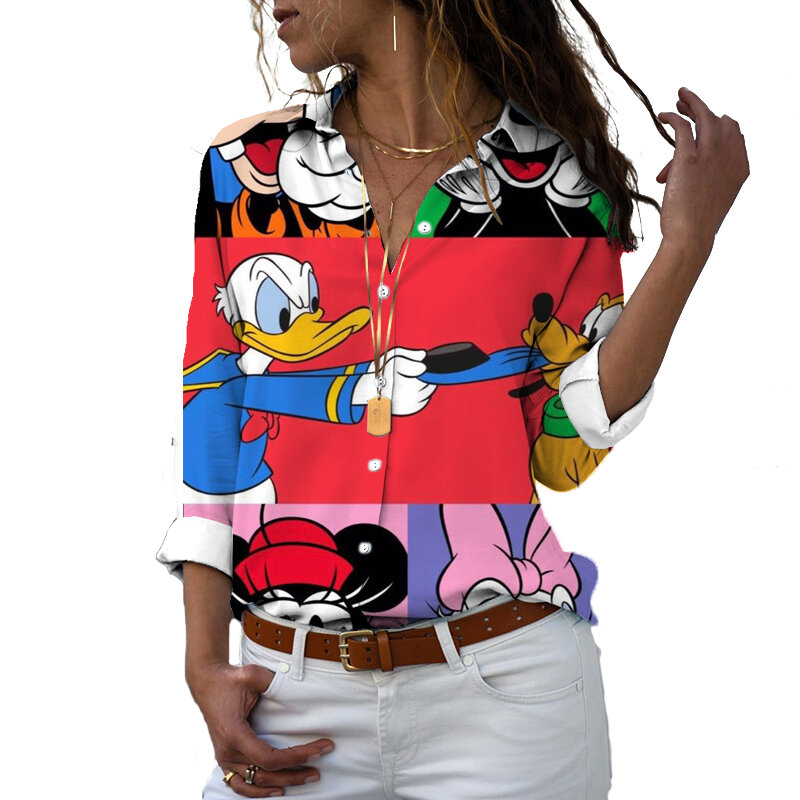Disney-Camisa de botão justo Harajuku feminina, manga comprida, lapela, impressa em 3D, Mickey, Minnie, Pato Donald, casual, fofo, y2k, Novo, 2022