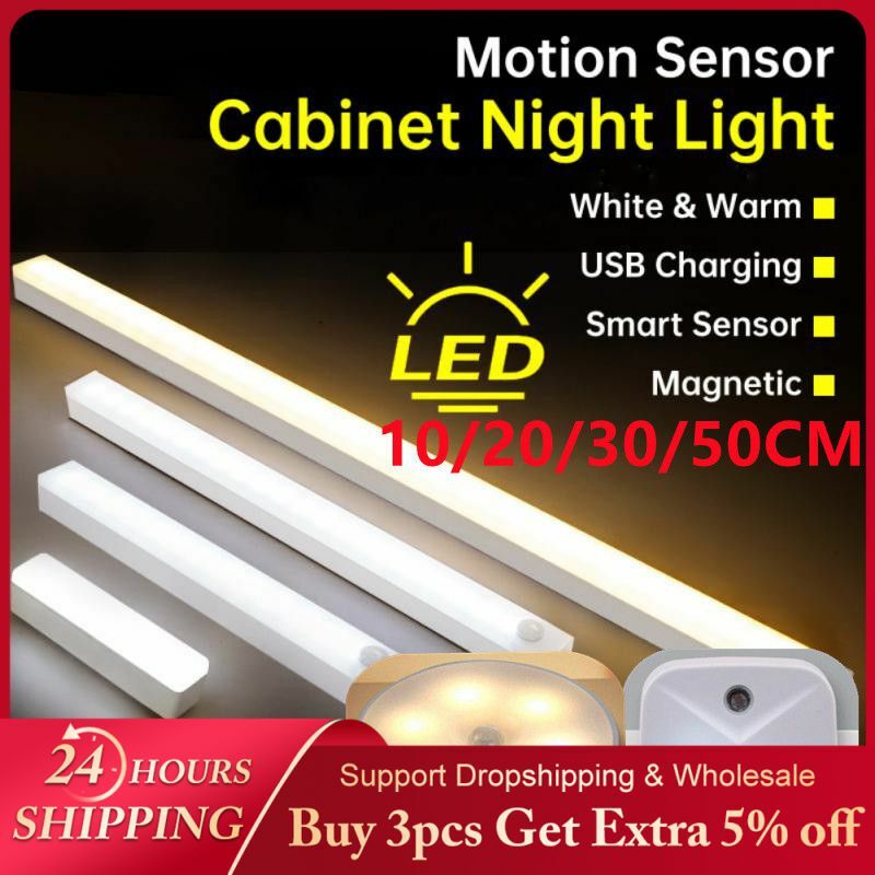 Luz nocturna con Sensor de movimiento para dormitorio, luces inalámbricas con USB para debajo del gabinete, cocina, armario, dormitorio, iluminación interior