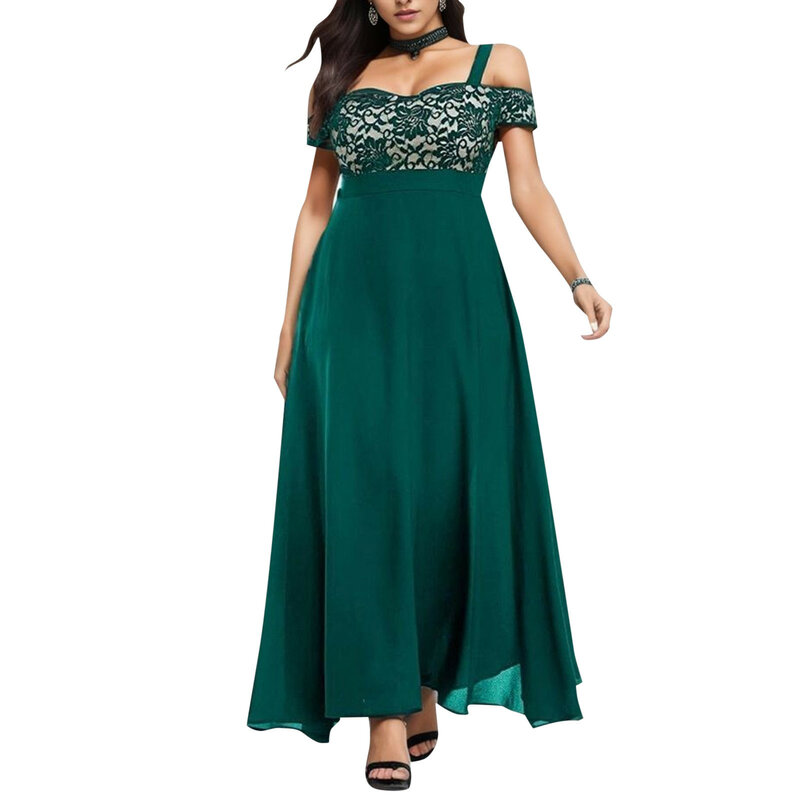 Gaun wanita ukuran Plus gaun pesta malam Maxi renda Floral bahu dingin gaun panjang kasual musim panas L-5XL jubah Vestidos Mujer