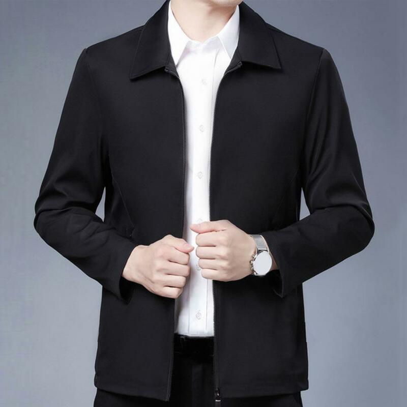Men Jacket Elegant Mid-aged Men's Lapel Jacket with Zipper Closure Pockets for Formal Business or Casual Wear in Spring Fall