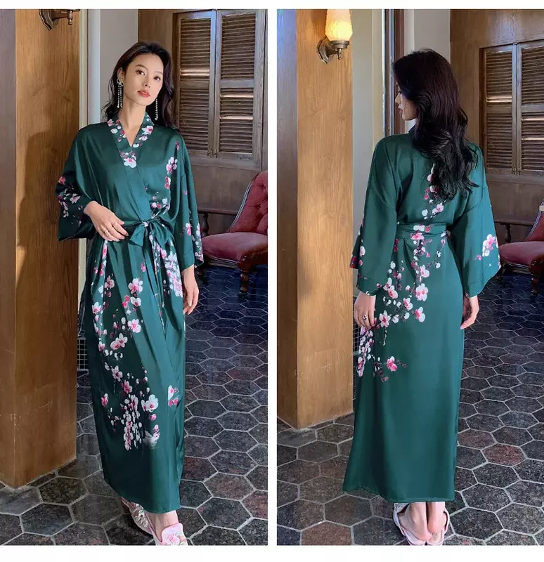 New Long Robe for Women Flower Print Nightgown Soft Satin Home Clothes Kimono Bathrobe Sexy Loungewaer Home Clothes Sleepwear