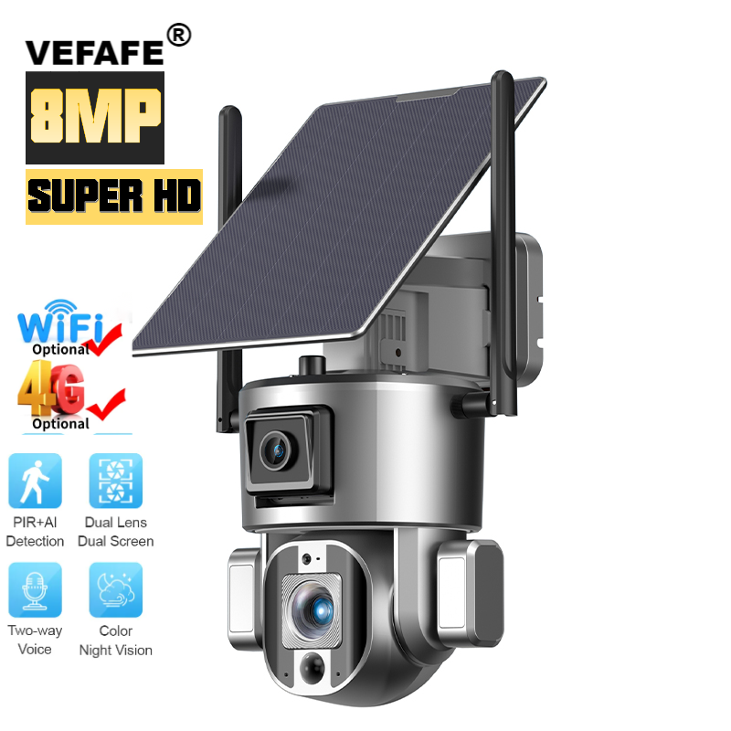 4K/8MP солнечные камеры безопасности, двойной объектив 360 ° PTZ Солнечная камера наружные беспроводные камеры для домашней безопасности с 2,4G, 4G опционально