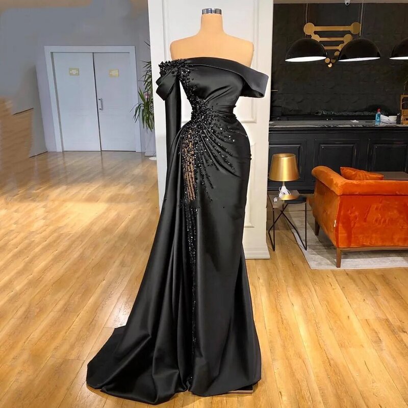 On Zhu – longue robe de soirée noire de forme sirène, Sexy, à épaules dénudées, avec perles, de luxe, pour bal de promo, 2022