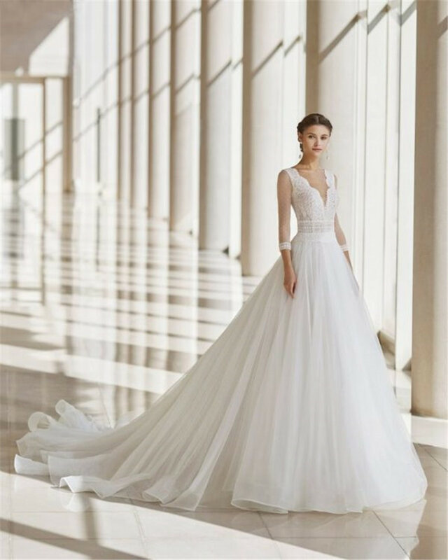Elegante ilusão manga longa a linha vestido de casamento luxo drapeado organza vestido de noiva tribunal trem vestido de noiva