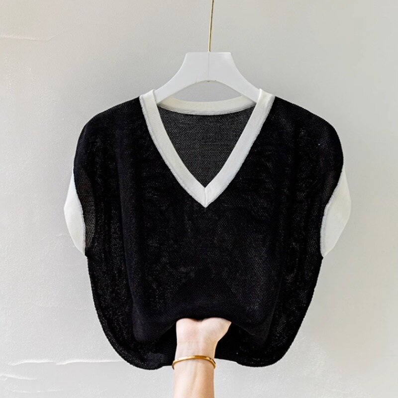 Sweater bergaris leher V wanita, atasan rompi pullover rajut lengan pendek nyaman longgar pas Musim Panas 2024