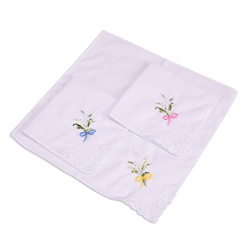 3PCS Luxury Cotton Women Hankies Embroidered Lace Flower Hanky Floral Random Color Cloth Ladies Handkerchief Fabrics