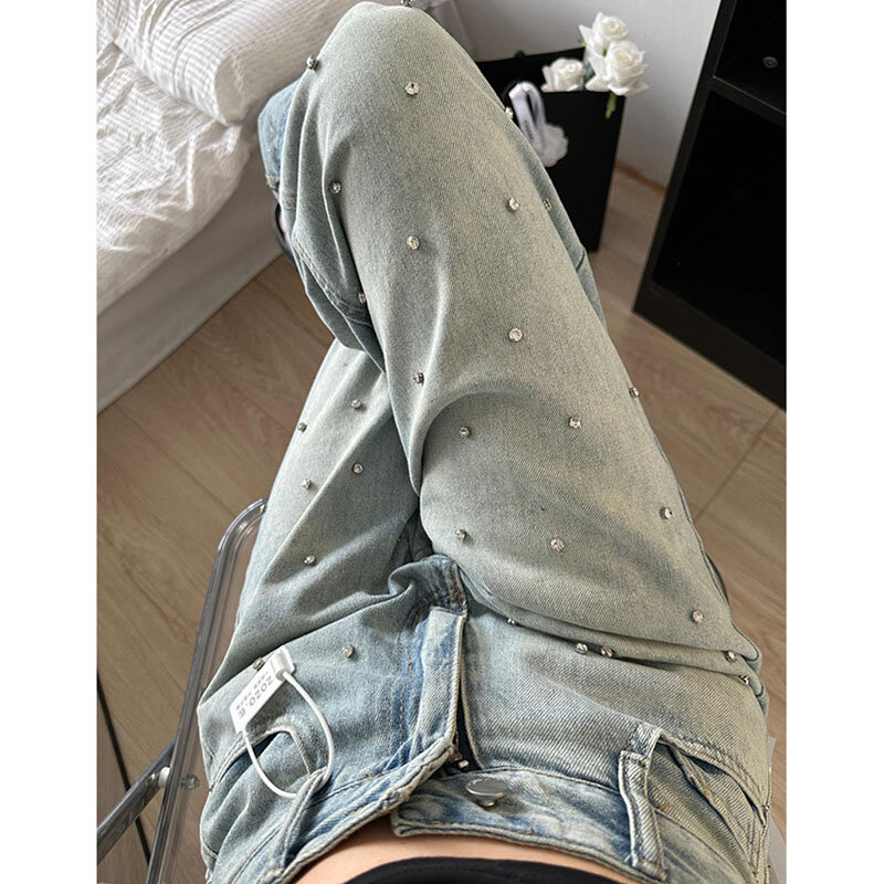 Jean Taille Haute en Denim pour Femme, Pantalon Plissé à Jambes Larges, Style FjKorean