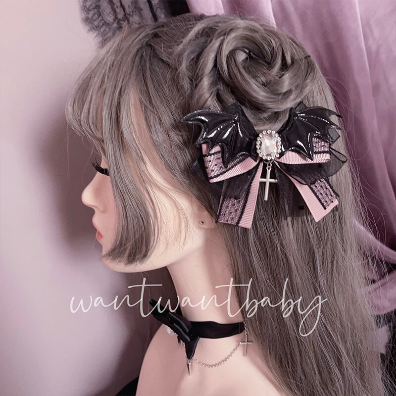 Mine Series Mass-Produced Subculture Bat Demon Wings Rhinestone Cross Clips Sweet Lace Side Clip Bow Barrettes Hair Accessories
