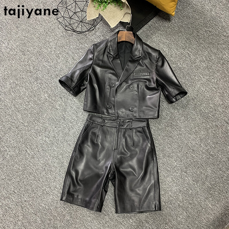 Tajeyane-abrigo corto de piel auténtica para mujer, chaqueta de manga corta con doble botonadura, traje de piel de oveja para oficina, moda de otoño