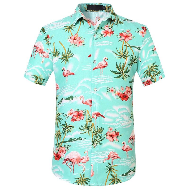 قميص شاطئ رجالي قصير الأكمام ، مقاس كبير ، نمط فلامنغو ، كاجوال ، عالي الجودة ، صيف ، من هاواي