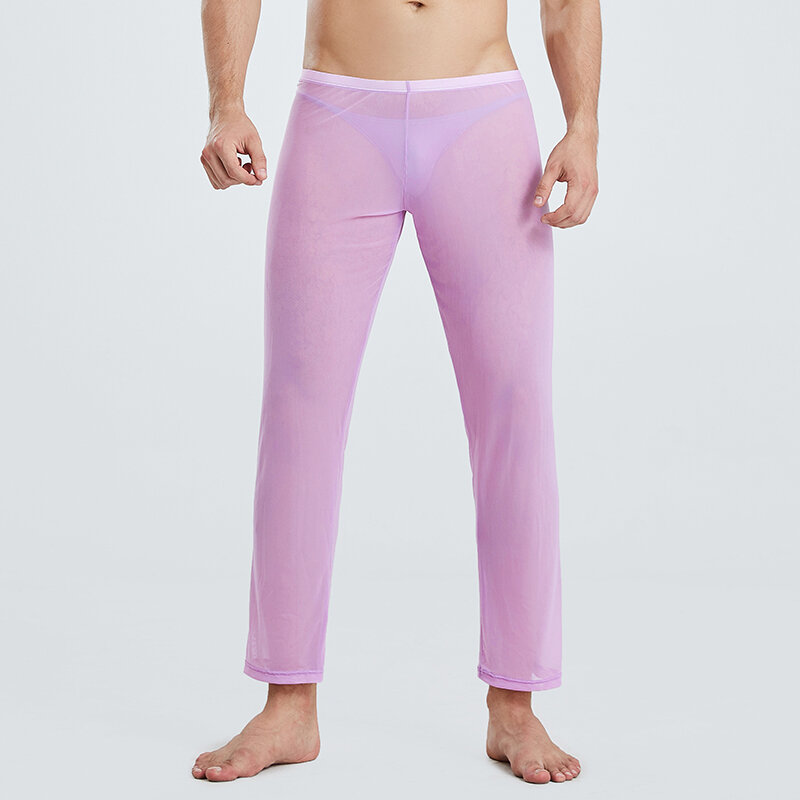 Calças soltas sexy para homens, calças de rede See Through Tulle, calças confortáveis, roupas elásticas, pijama interno