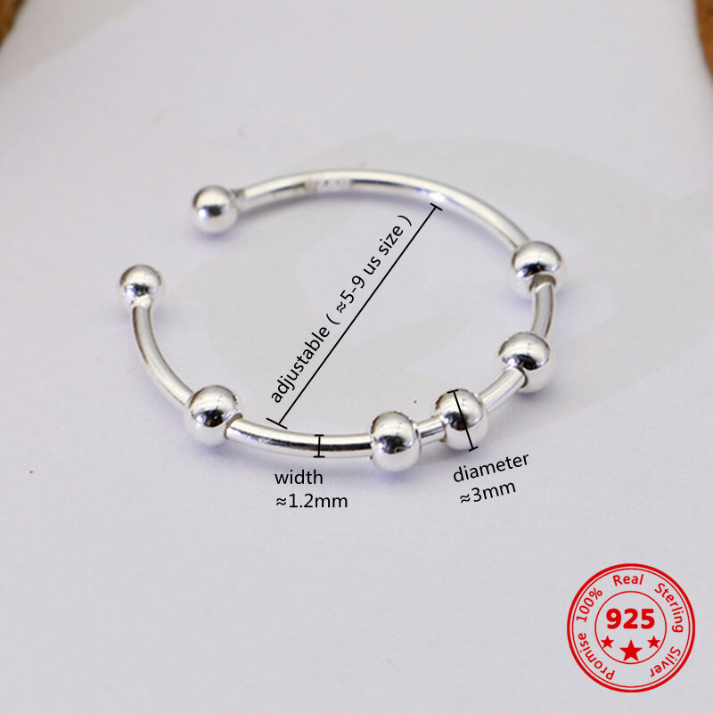 Baru 925 Sterling Silver Fidget Beads adjustable Ring untuk wanita pria memutar bebas Anti stres kecemasan cincin perhiasan mode