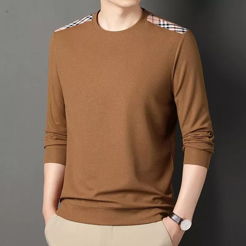 Camiseta de manga comprida masculina com gola redonda, pulôver casual na moda, nova