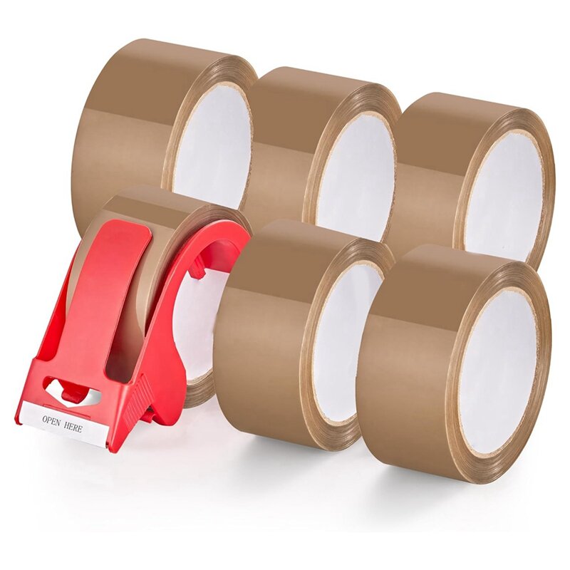 6 rollos de cinta de embalaje marrón con dispensador, 1,88 pulgadas de ancho, 60 yardas por rollo, recargas de cinta de embalaje resistente