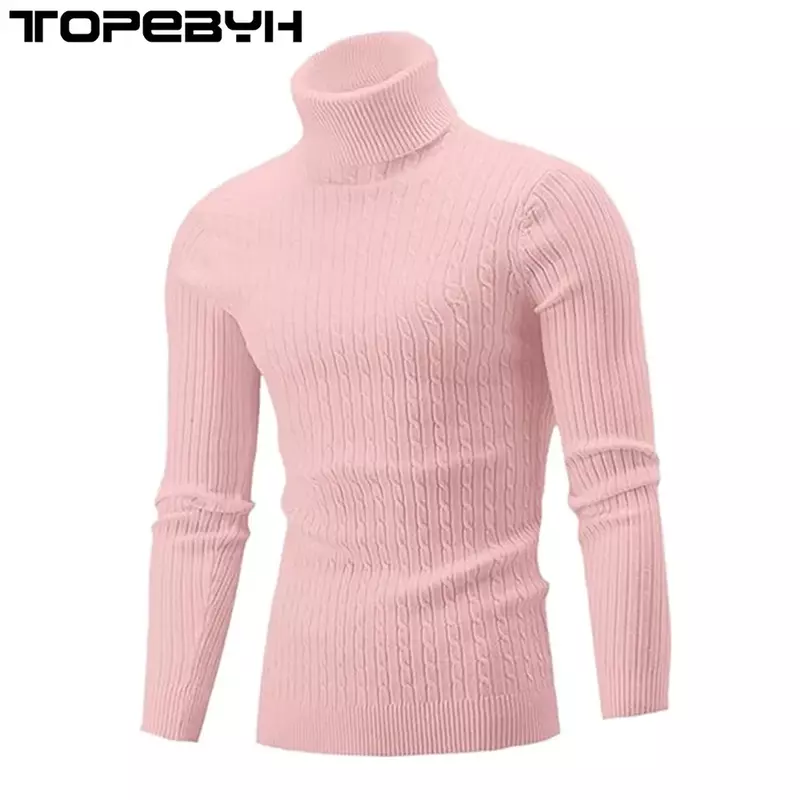 Suéter de malha de gola alta masculino, slim fit, manga longa, quente, cor sólida, tendência, outono, inverno