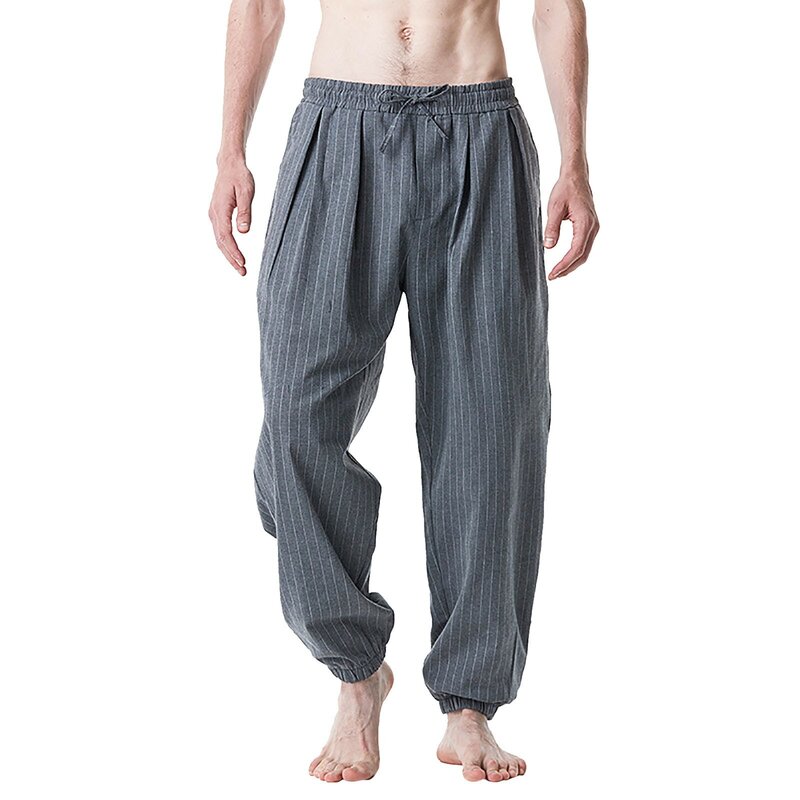 Wiosna lato klamra dyskowa spodnie haremowe w paski męskie oddychające bawełniane lniane spodnie ołówkowe klamra Casual Bloomers modne spodnie