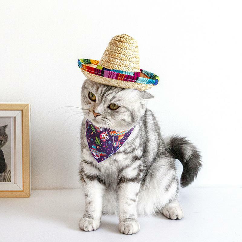 Chapéu de palha natural, sombrero mexicano, projetado para pequenos animais, cães e gatos, cães mexicanos e pequenos