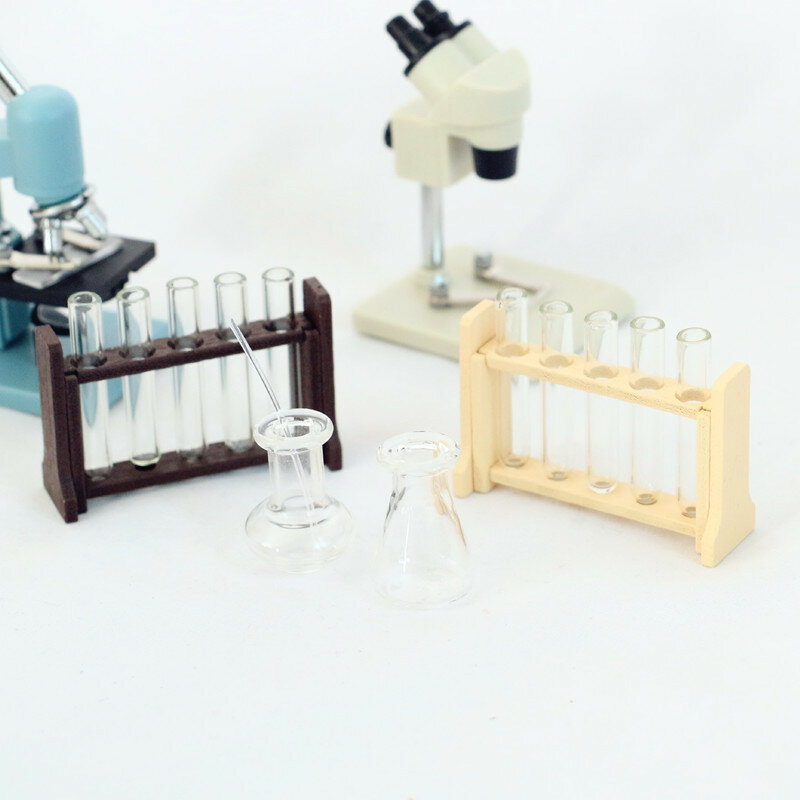 1Set gelas ukur tabung uji miniatur rumah boneka 1:12 dengan rak Model laboratorium Dekorasi mainan rumah boneka Aksesori