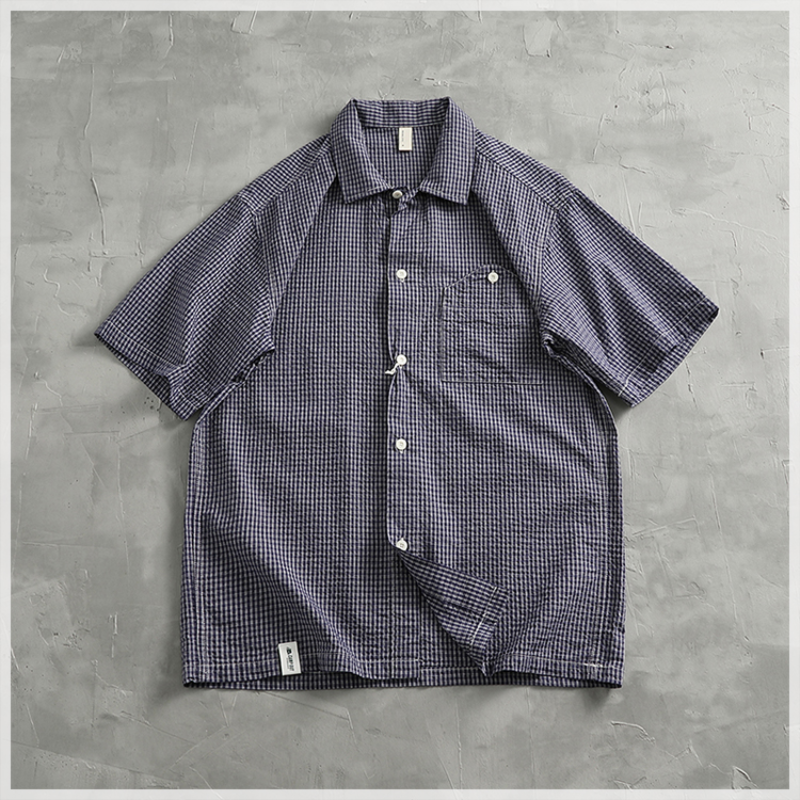 Vintage small plaid shirt short-sleeved men's high-grade casual loose fashion brand trend summer short-sleeved shirt coat tide