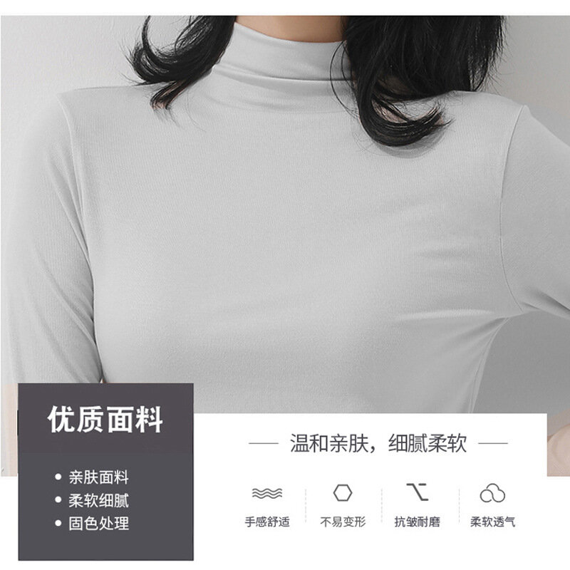 Memakai setengah kerah tinggi warna solid lengan panjang T-shirt dengan atasan hangat di bawah untuk wanita kemeja bawah