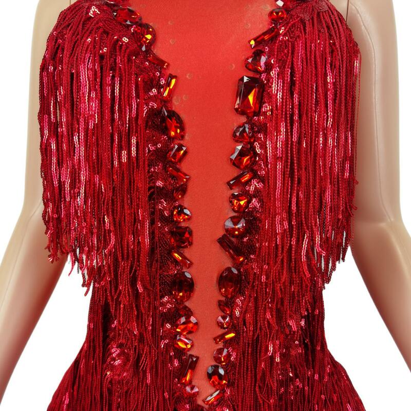 Knipperende Rode Pailletten Franjes Steentjes Transparante Bodysuit Vrouw Avond Verjaardag Vieren Kostuum Danseres Leotard Shuye