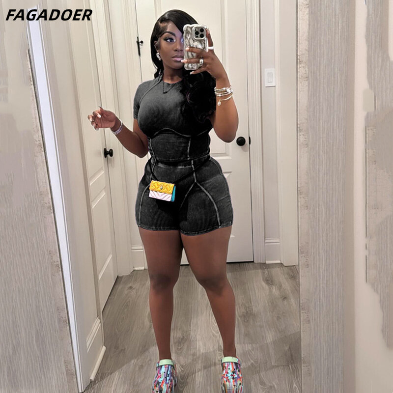 FAGADOER Summer New Solid Ribber Two Piece Sets Women Round Neck Short Sleeve Crop Top And Shorts Outfits Female Sporty Clothing