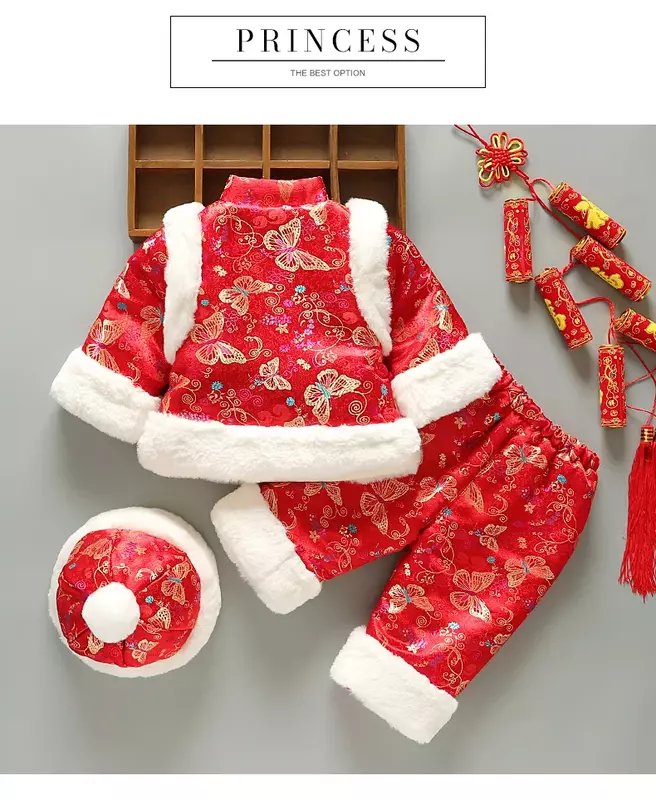 3 zestaw PC chińskie tradycyjne kostium noworodka strój Tang nowy rok zagęszczona odzież zimowy haft prezent urodzinowy festiwal