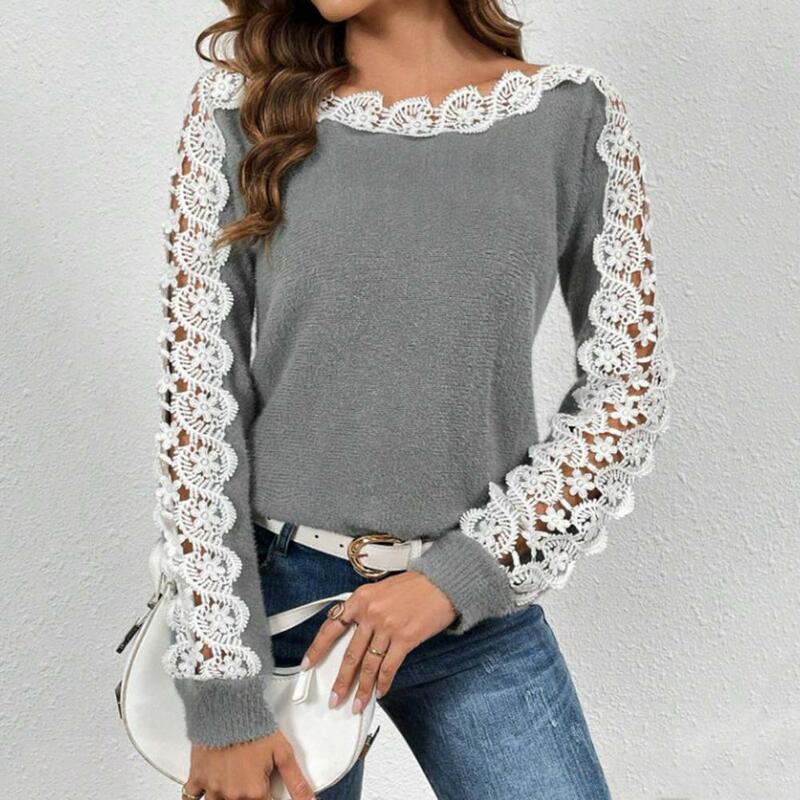 Lightweight Breathable T-shirt Breathable Women Top Women's Patchwork Color Pullover Tops O-neck Hollow Lace Splicing Loose Fit