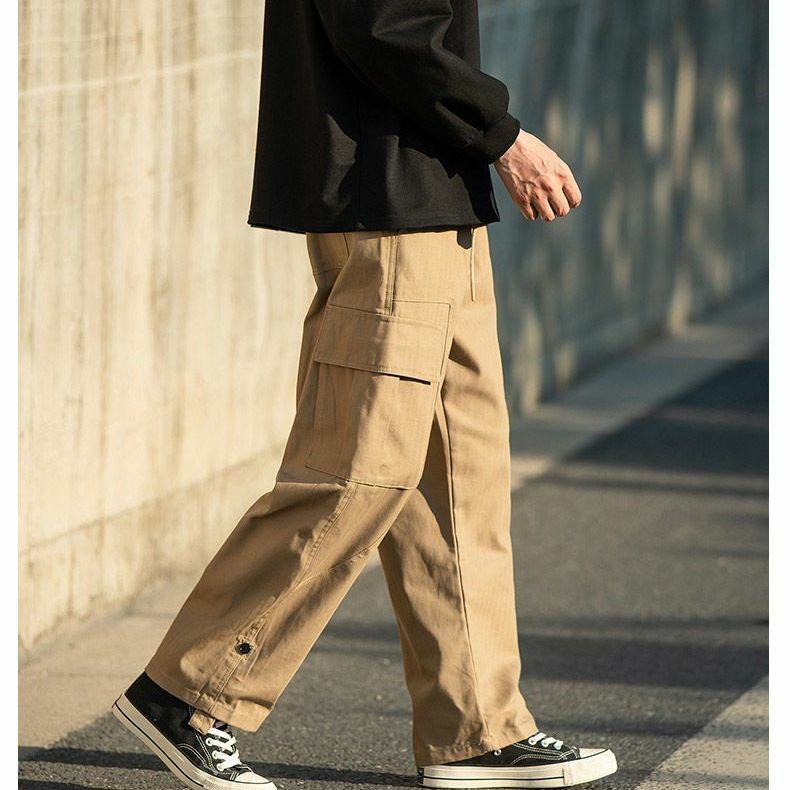 Fashion Solid Color Stickers Men's Cargo Pants New Classic Loose Waist Drawcord Street Casual All-match Male Trousers 2023