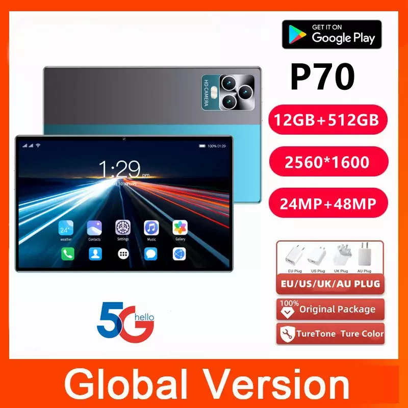 Tablette Android P70 de 2023 Pouces, Version Globale 10.1, 12 Go de RAM, 512 Go de ROM, Bluetooth, Deca Core, 24 + 48MP, WPS + 5G, WIFI, Ordinateur Portable, Offre Spéciale