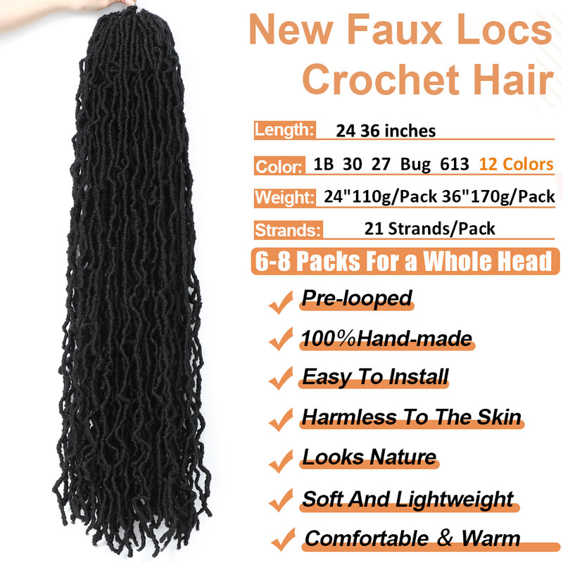 Super longo macio Faux Locs Crochet tranças cabelo, Deusa Dreadlocks cabelo, Pré Looped trança, 24 ", 36", 1-6 Packs