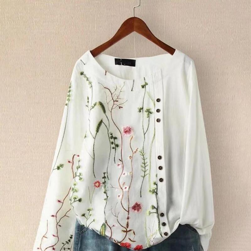 Camisa holgada con bordado Floral para mujer, Top de manga corta con cuello redondo, cómodo y holgado, primavera y verano