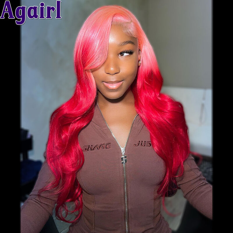 Ombre rosa rot 13x6 Spitze vorne Körper Welle Perücke 100% menschliches Haar transparent 13x4 Spitze Frontal Perücke 200 Dichte für Frauen vor gezupft