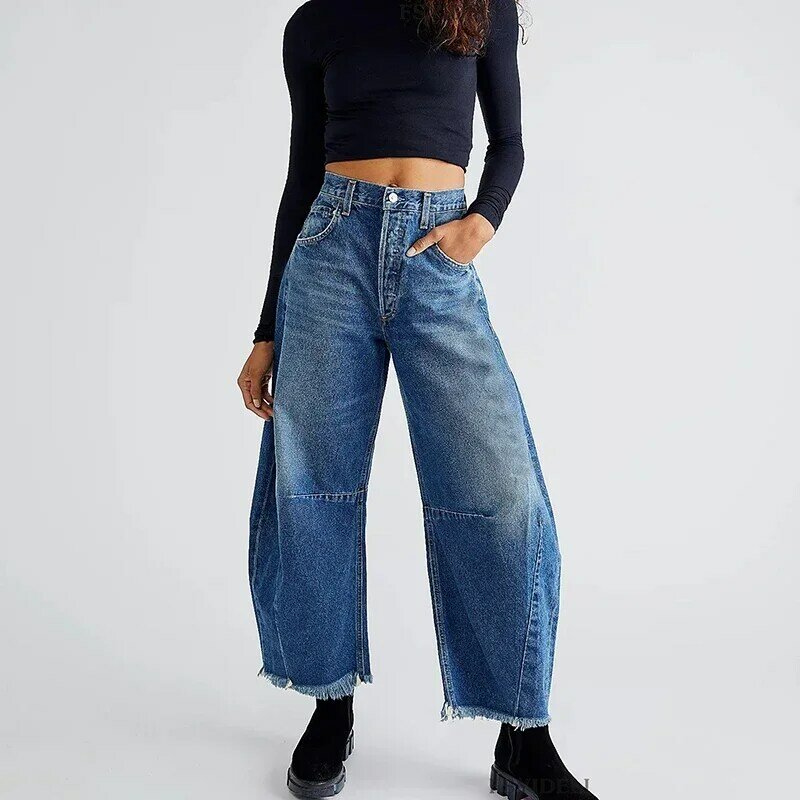 Уличная одежда, повседневные Прямые брюки, Новые однотонные джинсы с широкими штанинами, модные короткие женские брюки на пуговицах с карманами YDL15