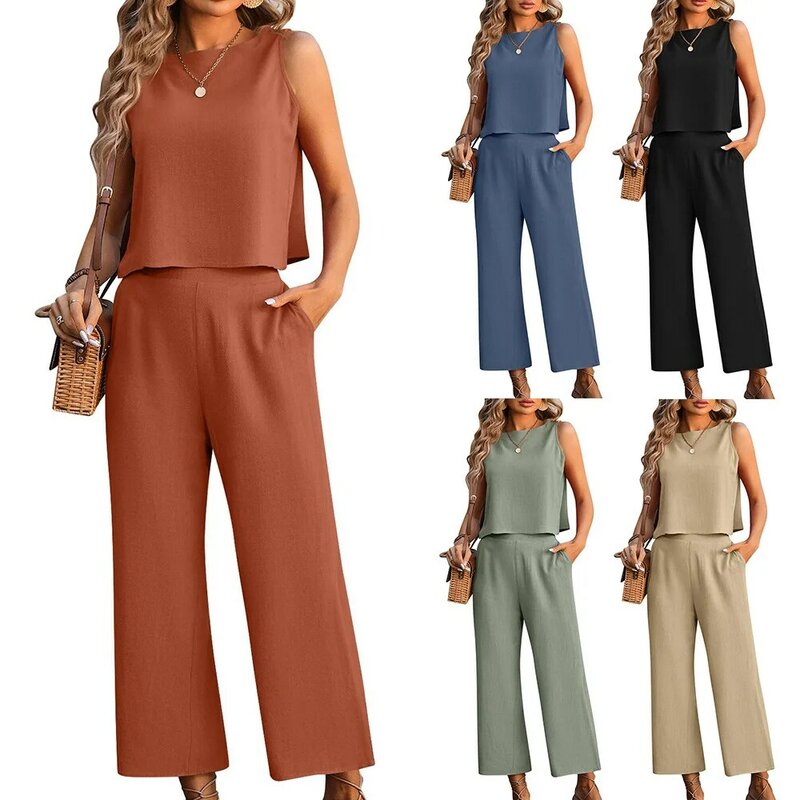 2024 Summer Linen Pant Sets Women Elegant Fashion Casual Sleeveless Top and Pants Suit Two Piece Set for Women Matching Outfit